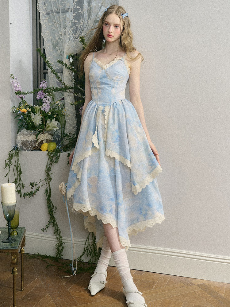 Oil Painting Floral French Suspender Dress