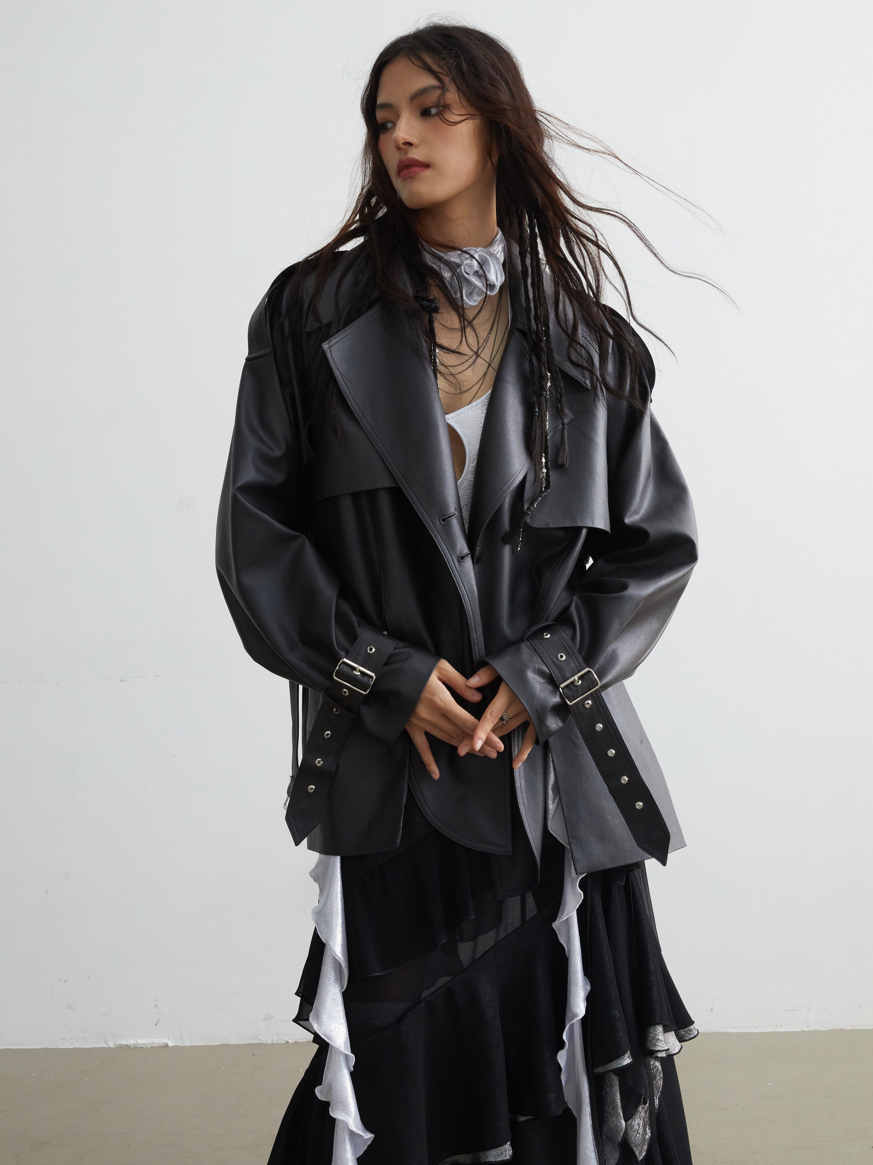 Matte PU Leather Slit Short Coat