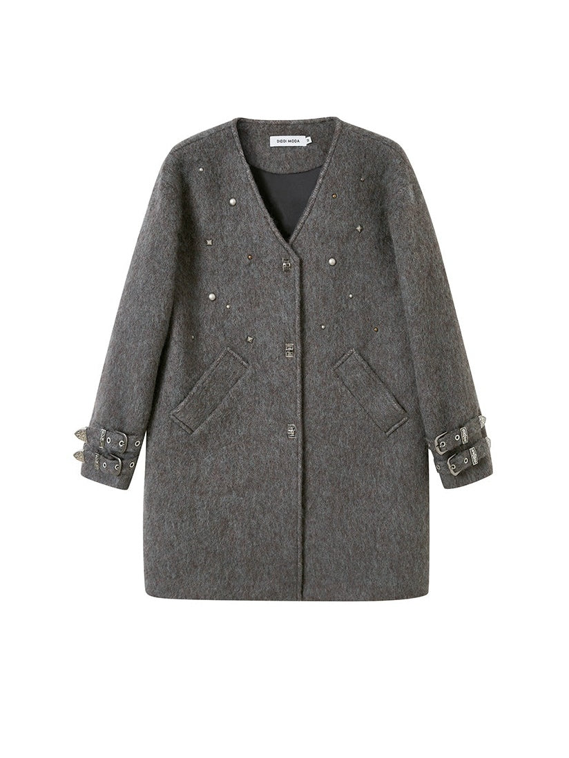 V-Neck Riveted Wool Blend Half Coat