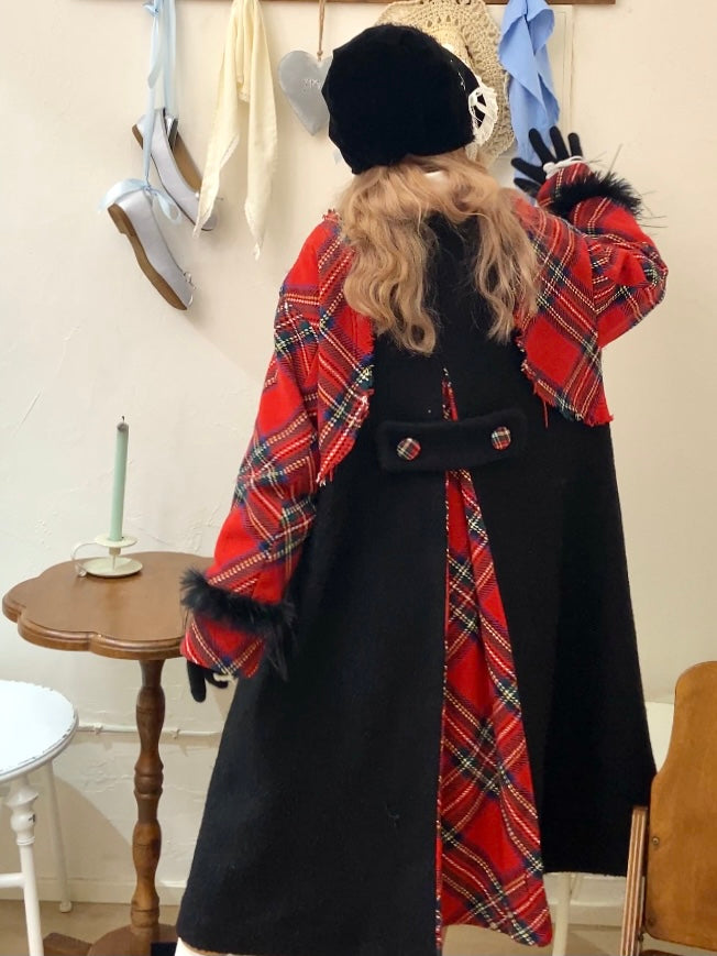 Retro Plaid Switching Long Coat