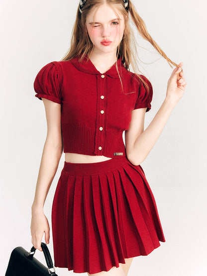 Puff Sleeve Knitted Sweater &amp; Pleated Mini Skirt