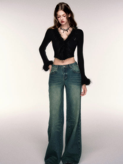 Slim V-neck Furry Knitted Cropped Cardigan