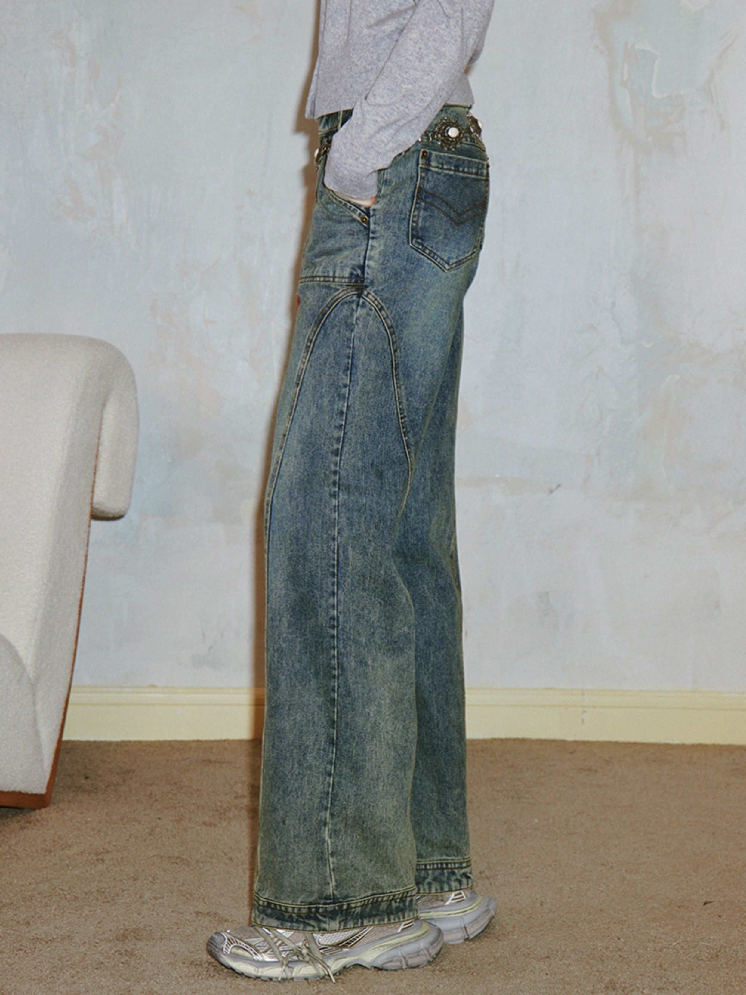 Retro Washed Design Straight Jeans