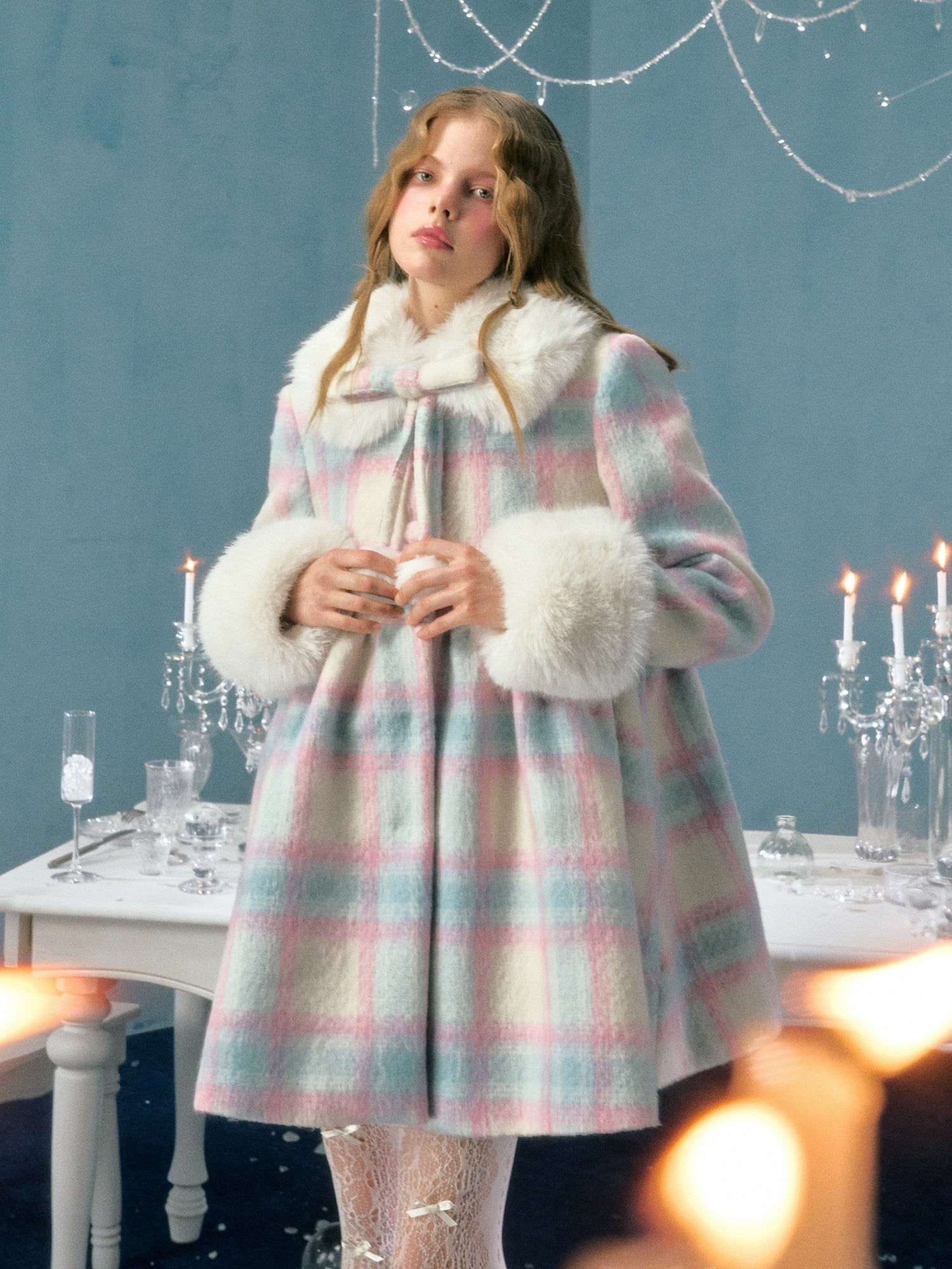 Plaid Fur Collar Detachable Mid-length Coat