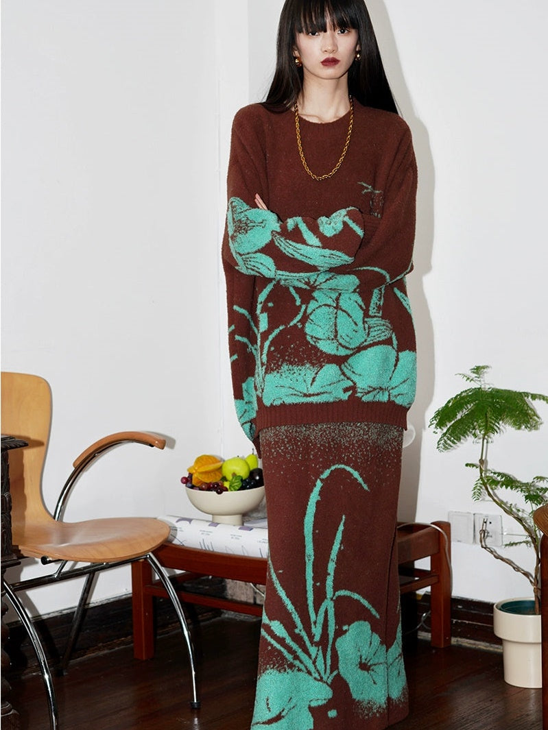 Loose Flower Jacquard Knitted Sweater &amp; Skirt