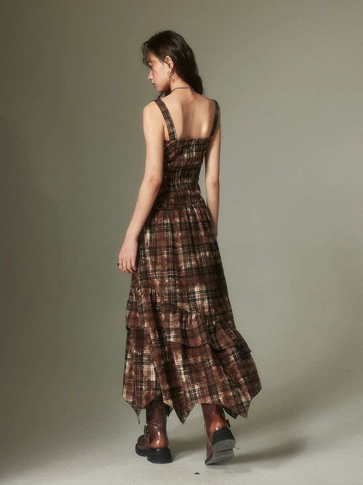 Retro Adjustable Plaid Strap Dress