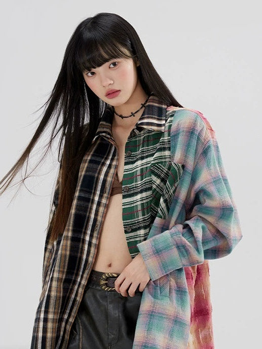 Loose Niche Design Contrasting Plaid Splicing Shirt