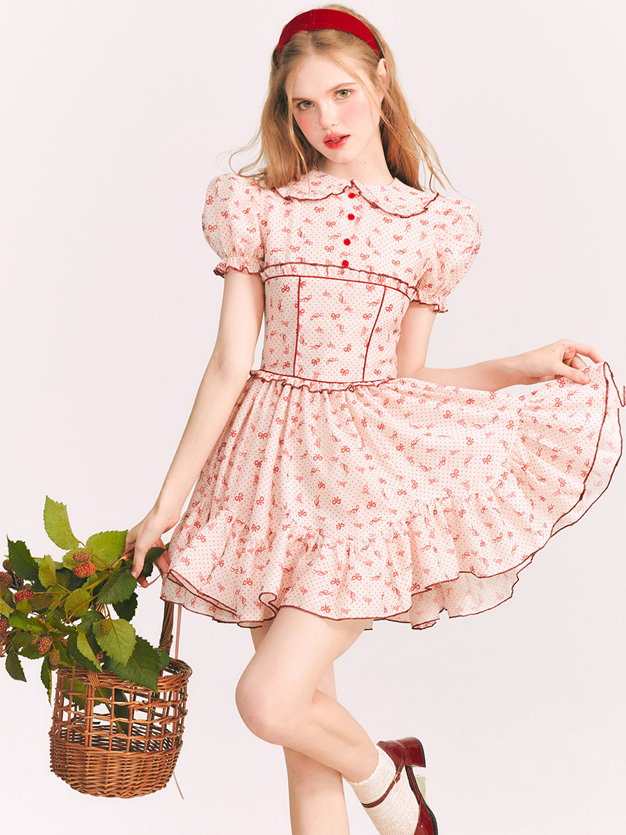 Ribbon Printed Doll Collar Dress