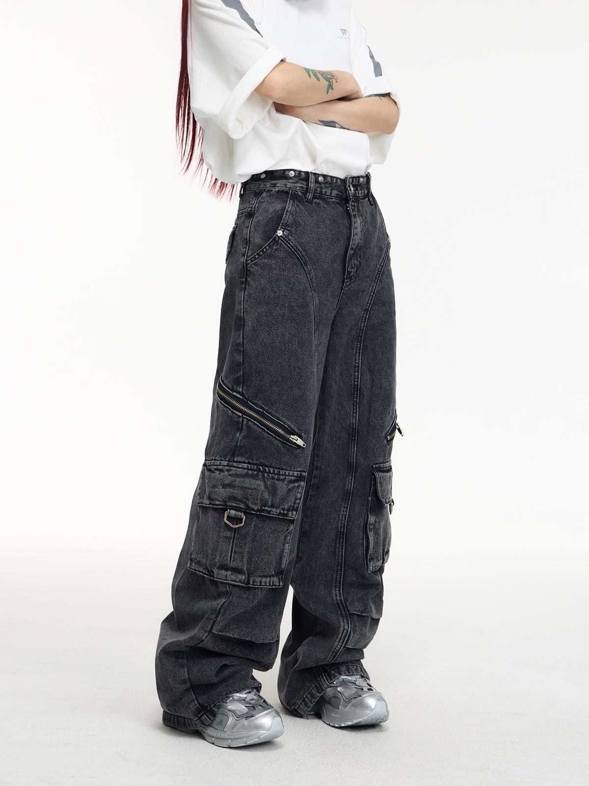 Retro Suspender Design Stitching Denim Pants