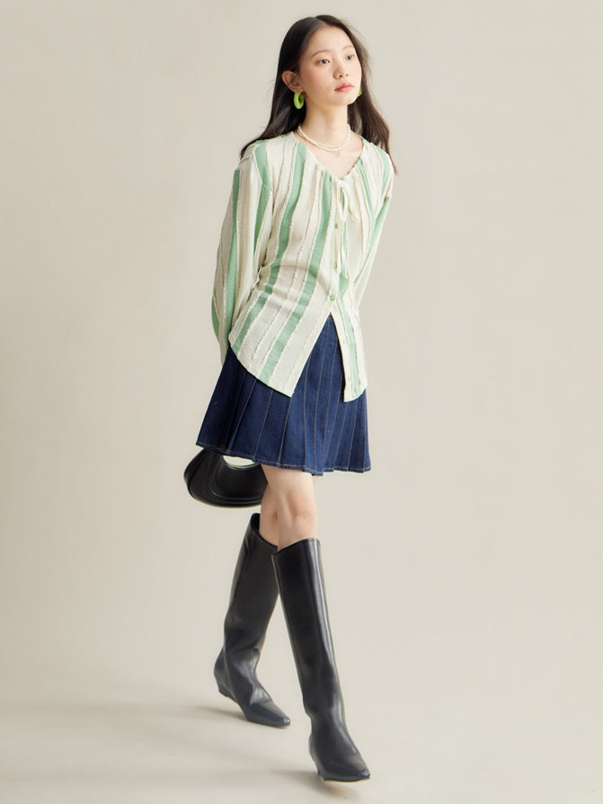 A-line Short Denim Pleated Skirt