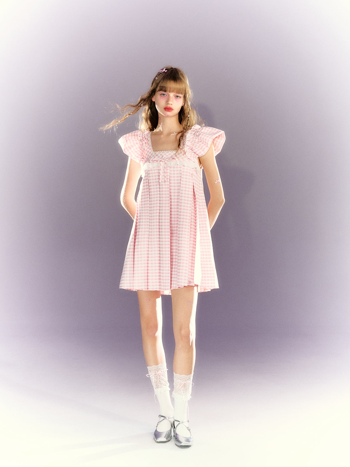 Plaid Bow Lace Square Collar Babydoll Dress