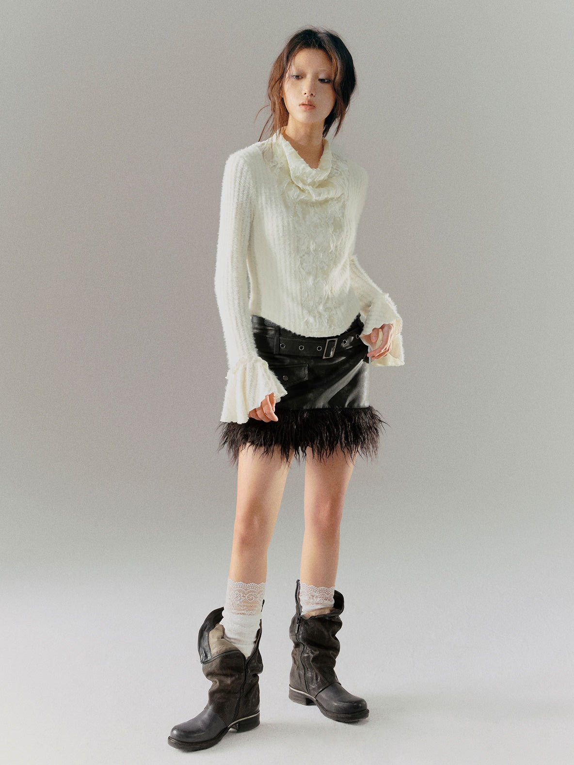 Retro Stitching Fur Double Belt Tie-dye Leather Skirt