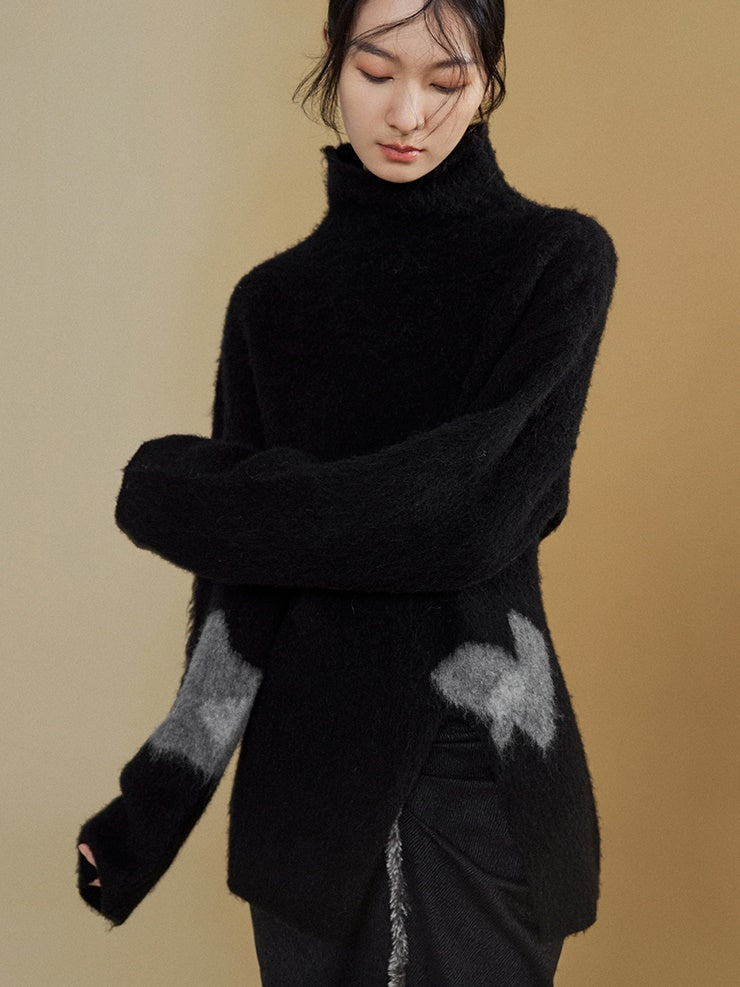 Mock Neck Jacquard Slit Design Sweater