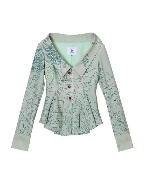 Retro Print Chelsea Collar Waist Shape Shirt Jacket