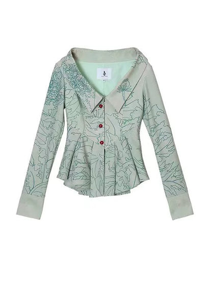 Retro Print Chelsea Collar Waist Shape Shirt Jacket