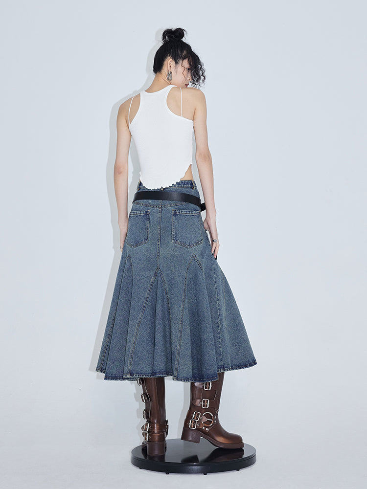 High Waist A-line Fishtail Umbrella Denim Skirt