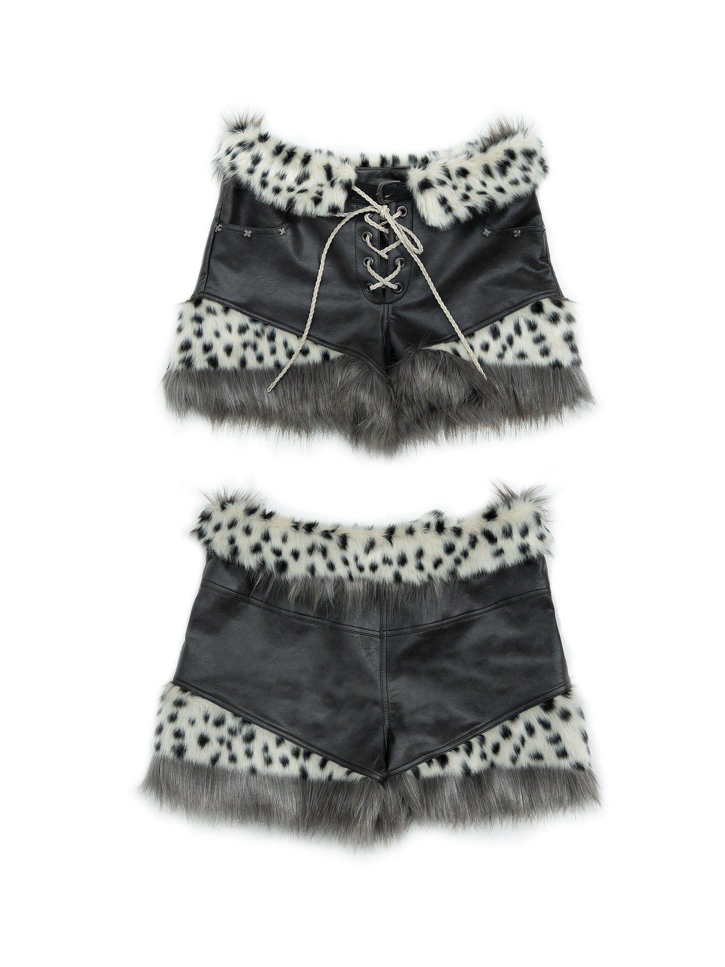 Leopard Print Stitching Plush Leather Shorts