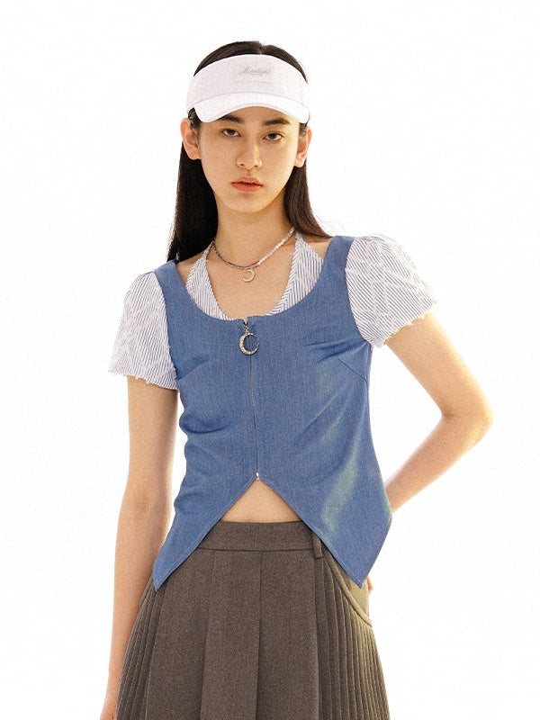 Fake Layered Zipper Puff Sleeve Top