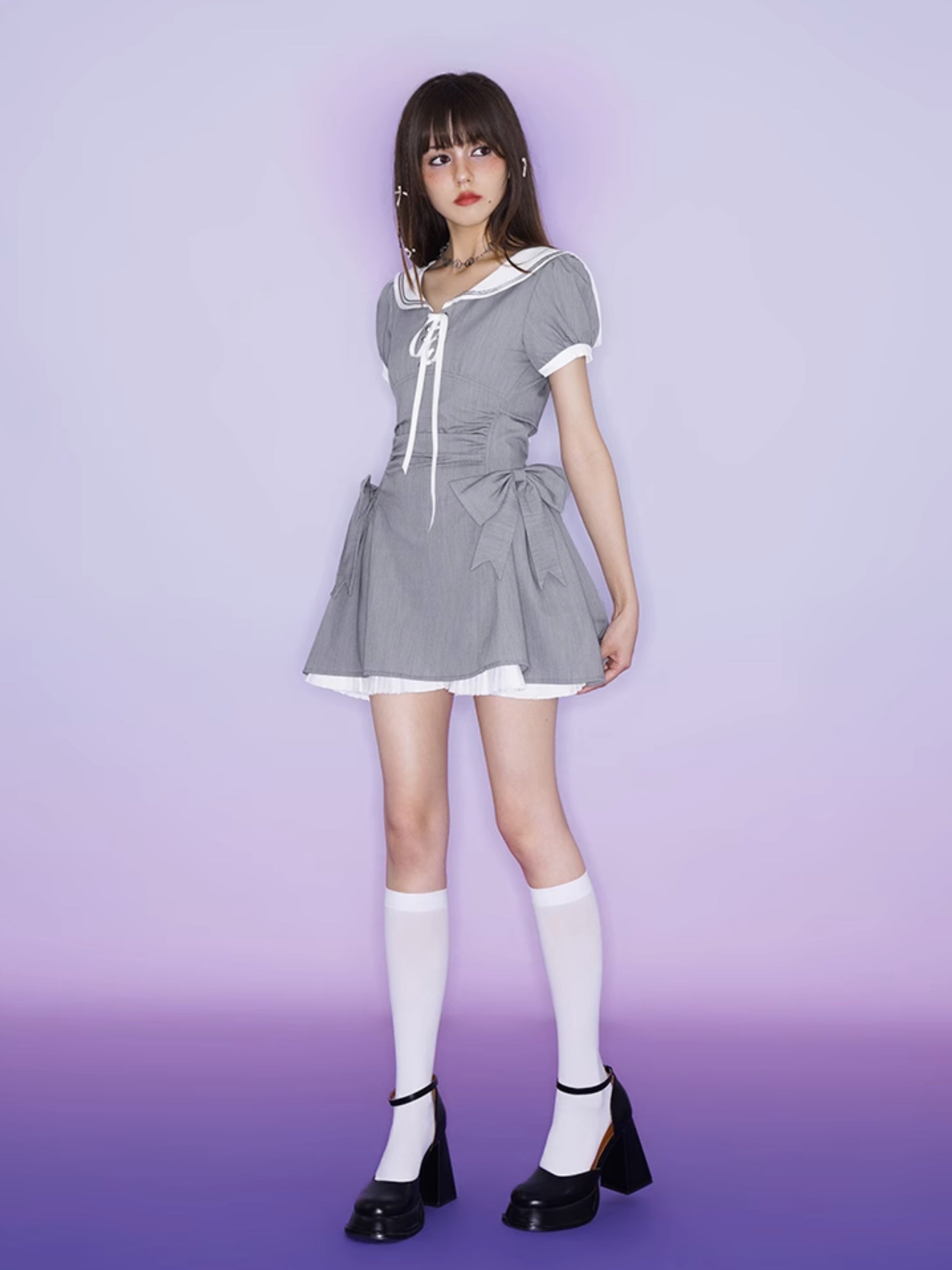 Sailor Collar Ribbon Waist One-piece