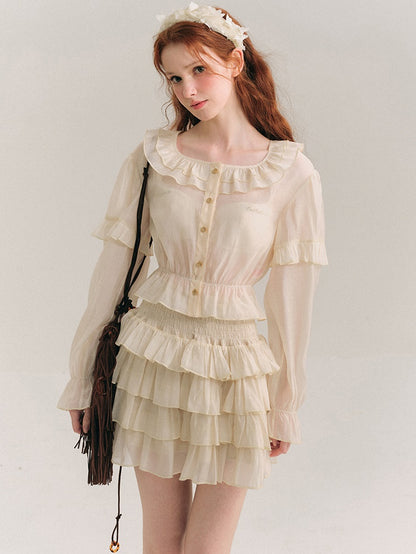 Shimmer Frill Collar Shirt ＆ Fluffy Cake Skirt