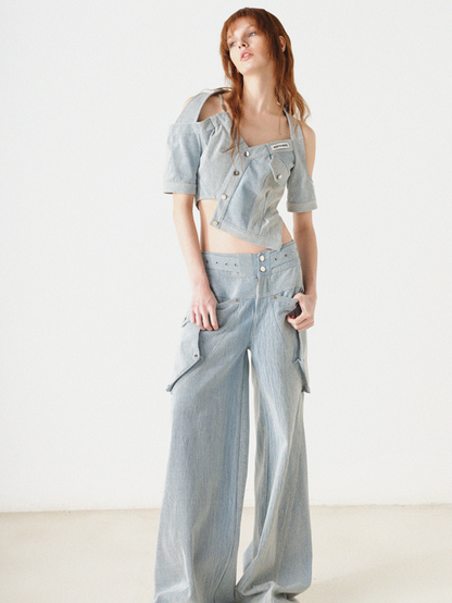 Denim Asymmetry Halter-neck Cropped Top