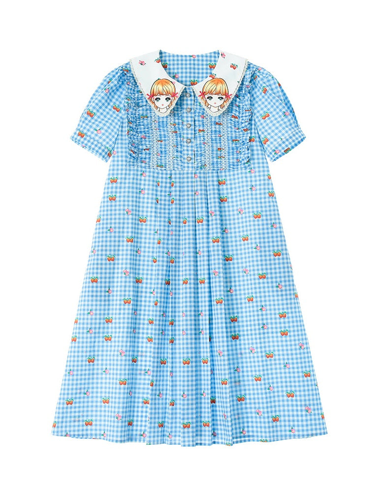 DOLL COLLAR PLEATED EMBROIDERY PLAID ONE-PIECE