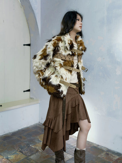 Color-blocked Strap Design Short Fur Coat