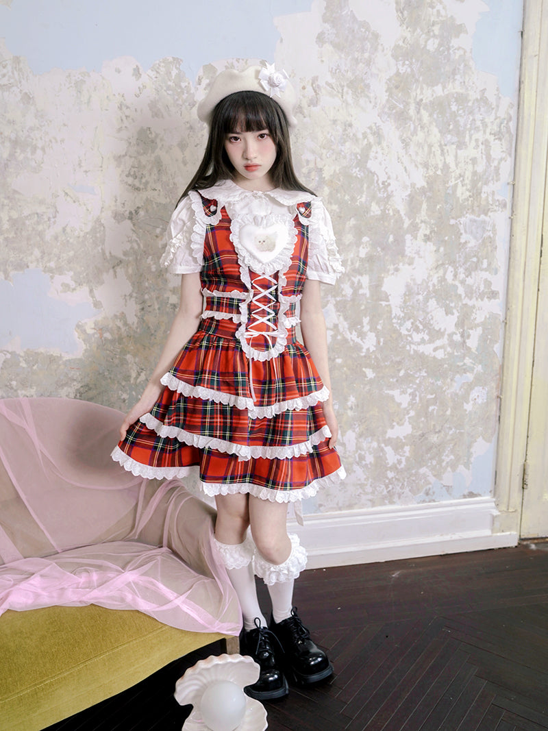 Plaid Cat Print Lace Suspender Dress