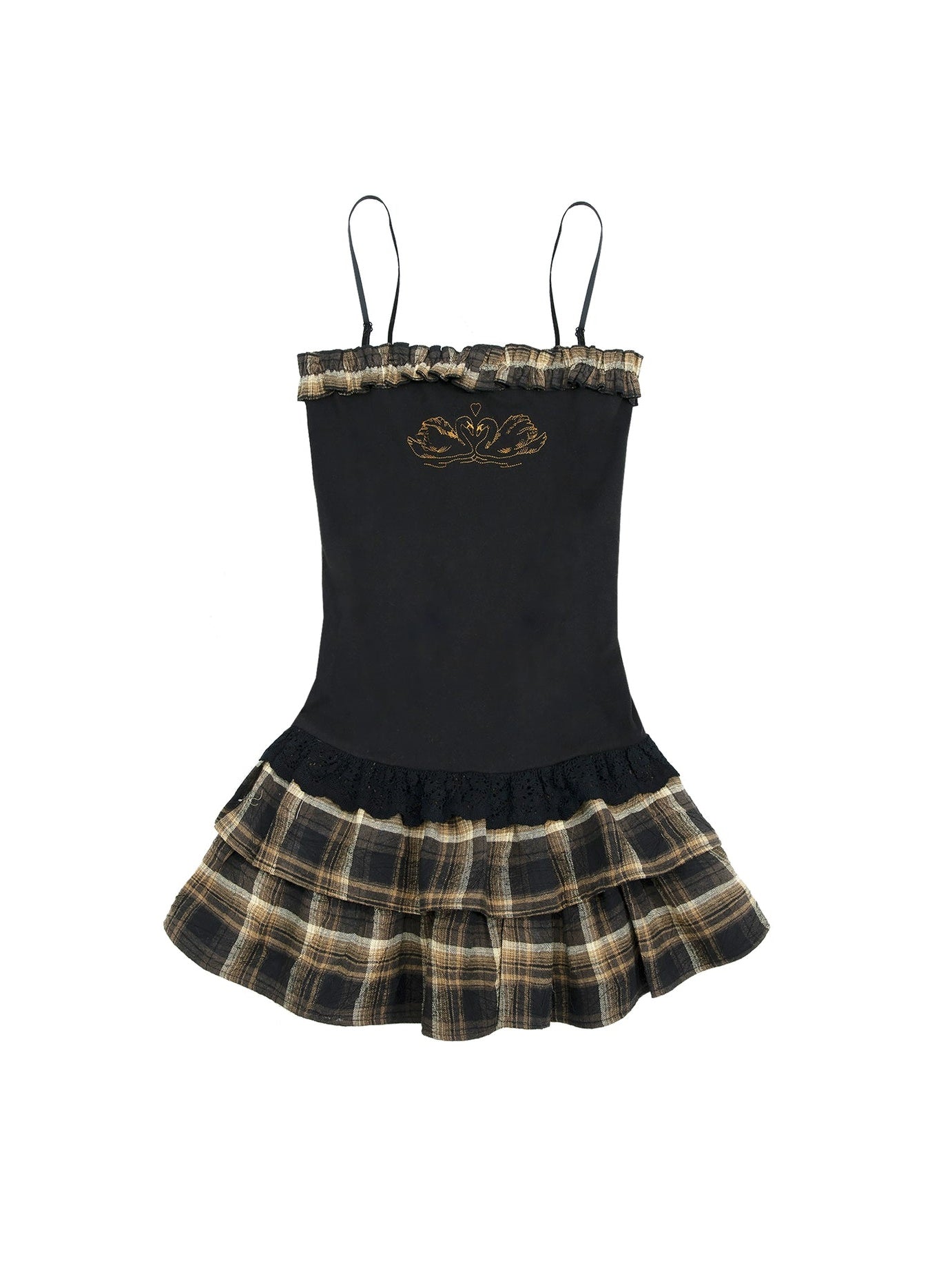 Embroidered Plaid Suspender A-line Slip Dress