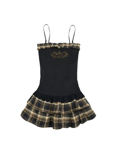 Embroidered Plaid Suspender A-line Slip Dress