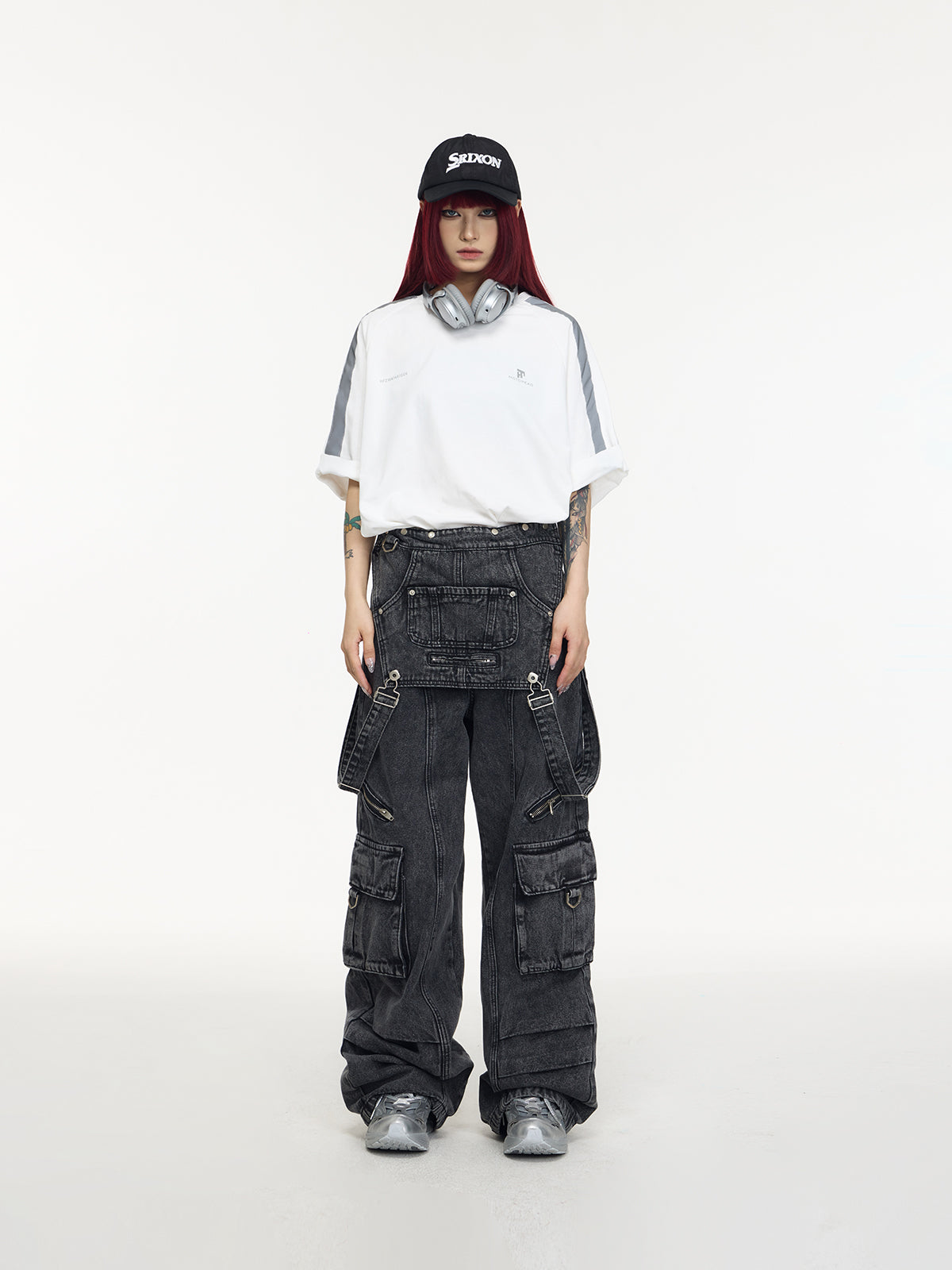 Retro Suspender Design Stitching Denim Pants