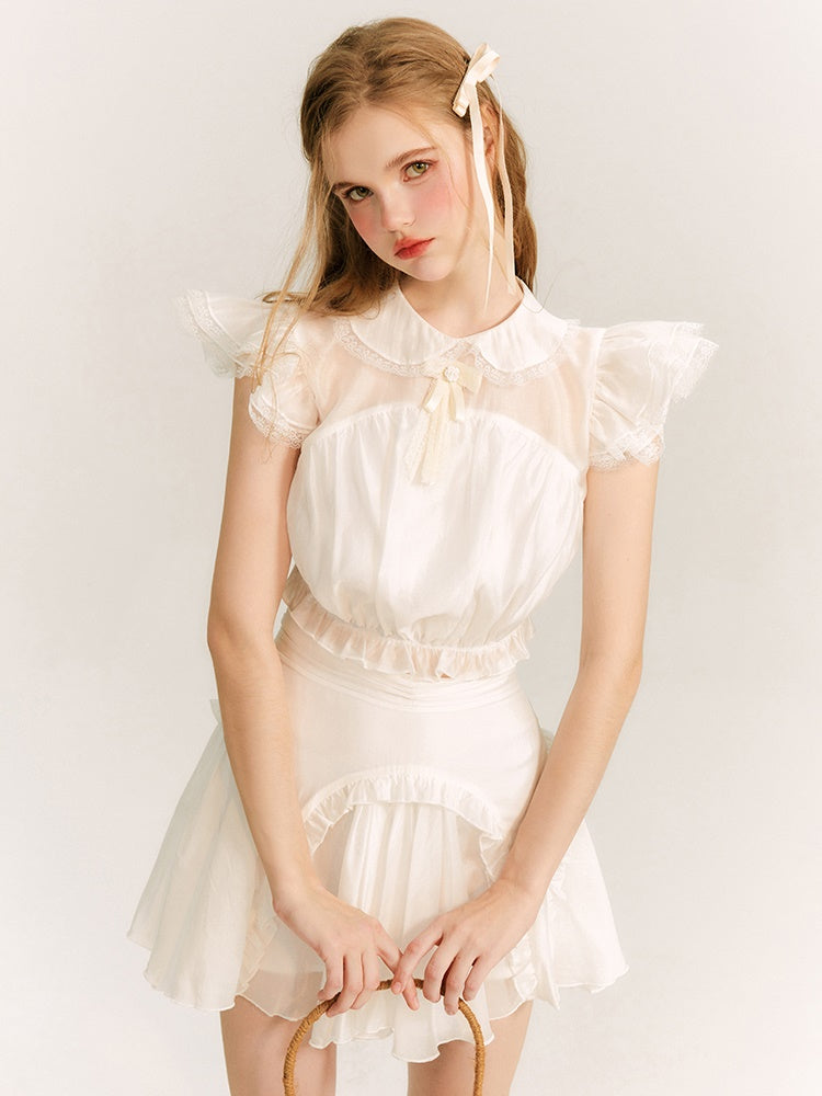 Translucent Flying Sleeve Top &amp; Lace Mini Skirt