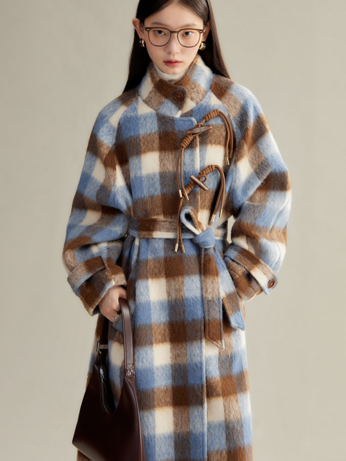 Retro Plaid Stand Collar Toggle Coat