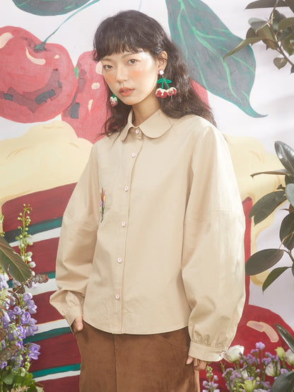 Retro Tulip Embroidered Doll Collar Lantern Sleeve Shirt