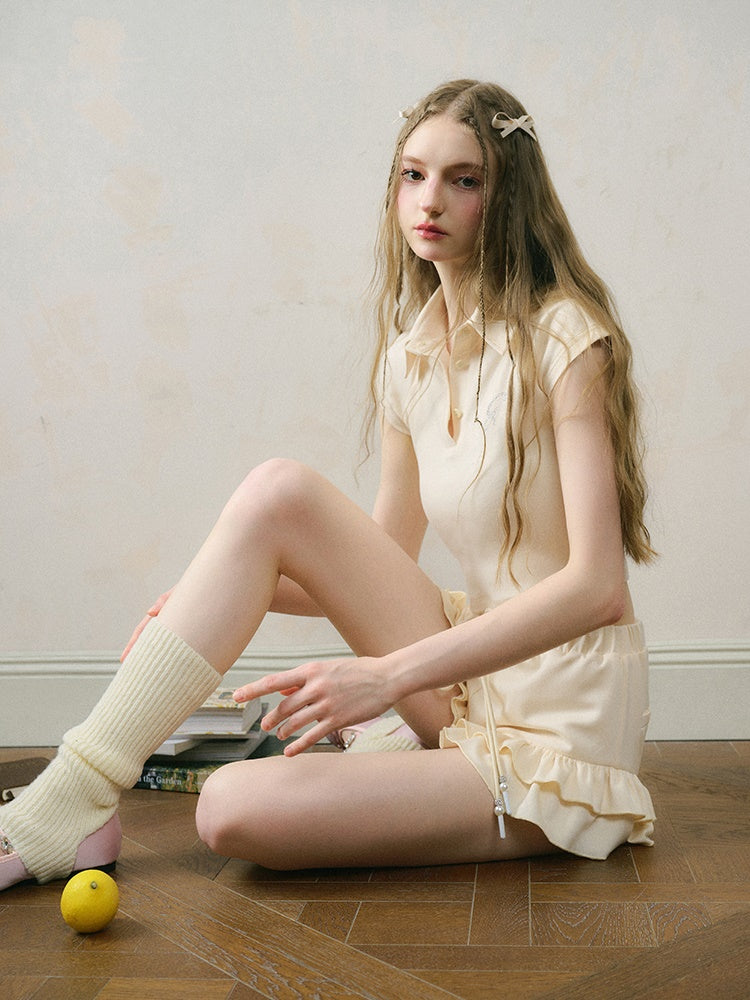 Cropped Polo Collar Shirt ＆ Ruffle Short Pants