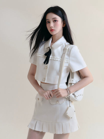 Ribbon Short Sleeve Cropped Jacket ＆ Pleated Frill Mini Skirt