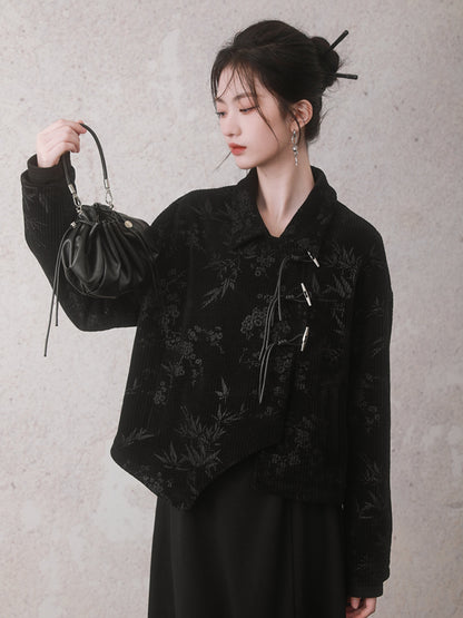 Bamboo Leaf Embossed Oblique Lapel Short Jacket