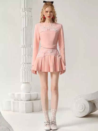 Pullover＆Mini-Skirt Lace Butterfly Box-Pleats Casual Set-Up