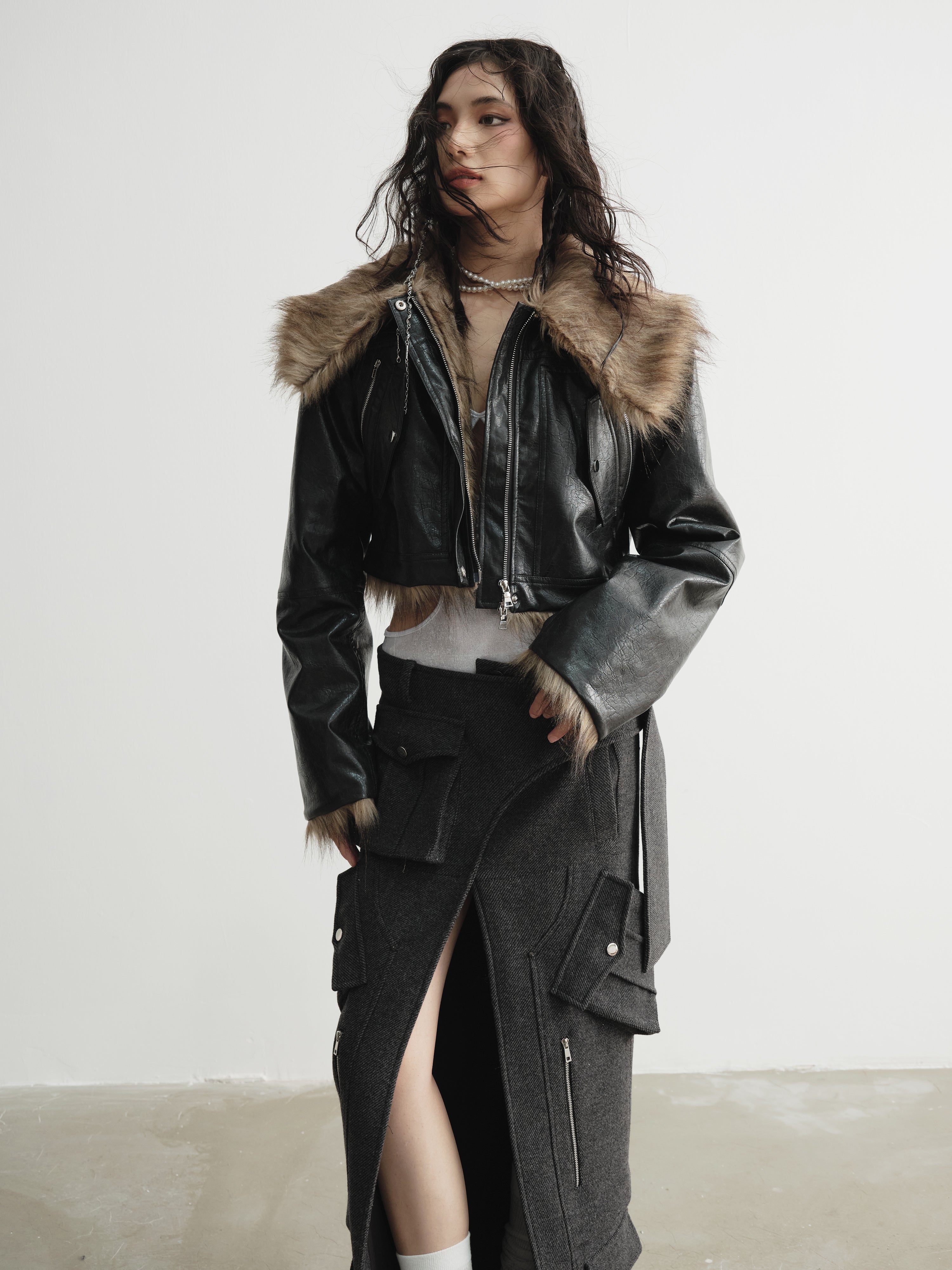 Imitation Fur Reversible PU Leather Short Jacket