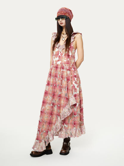 Holed Lace Plaid Irregular Slim Dress