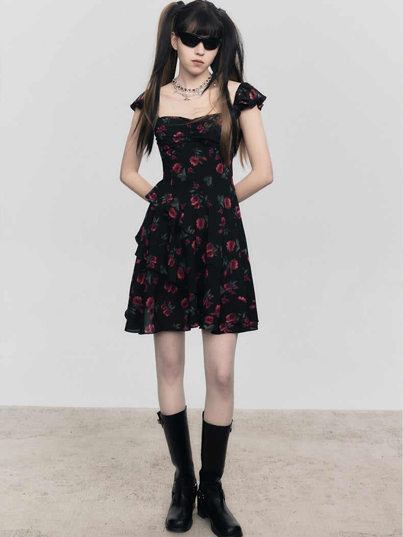 Rose Floral Belt Chest Strap Dress