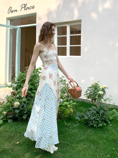 Check Floral Cut-out Lace Panels Slip Dress