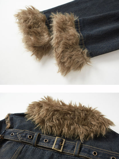 Fur Collar Washed Slant Design Strap Denim Jacket