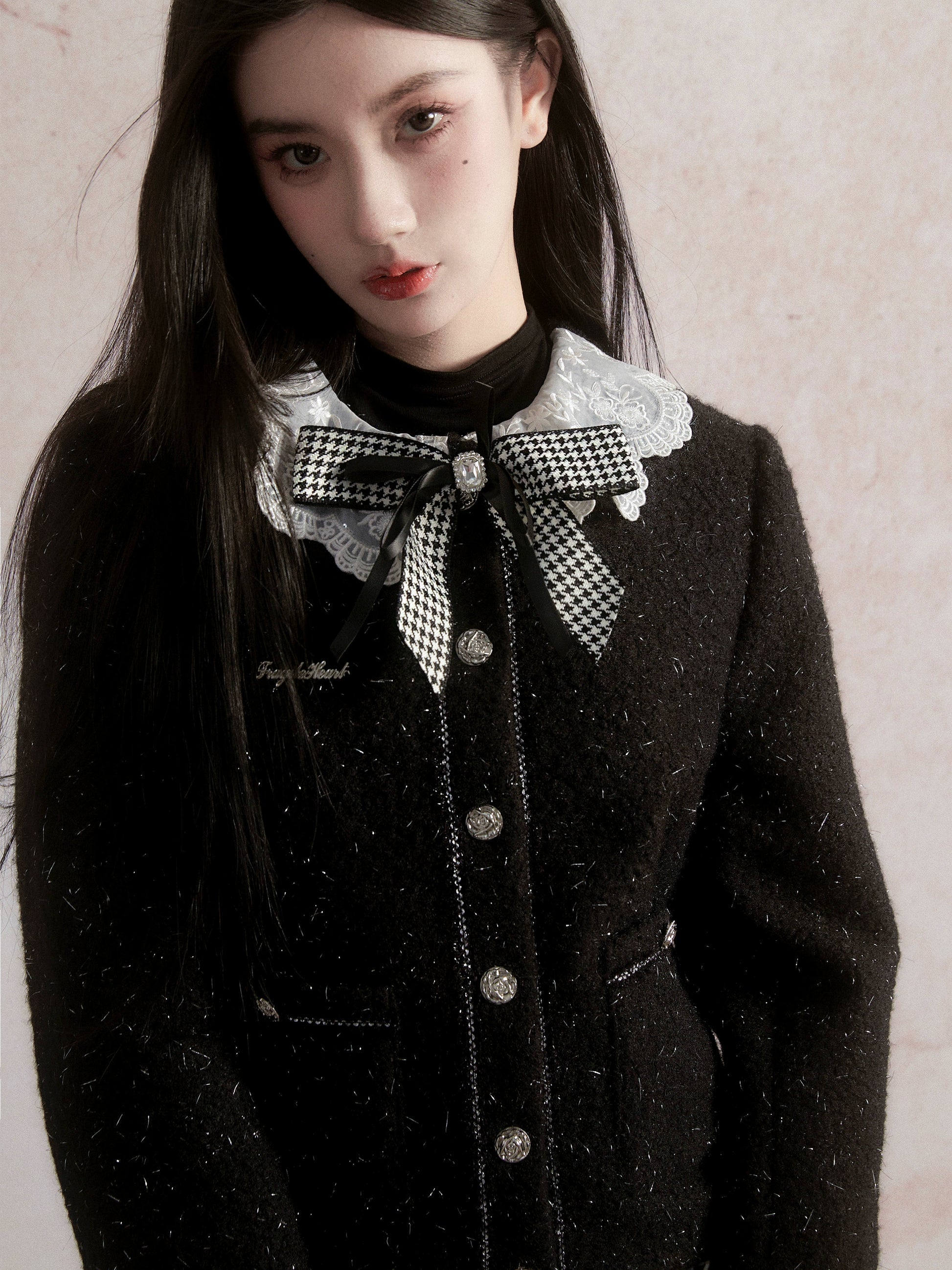 Small Fragrant Style Lace Stitch Jacket ＆ Houndstooth Skirt