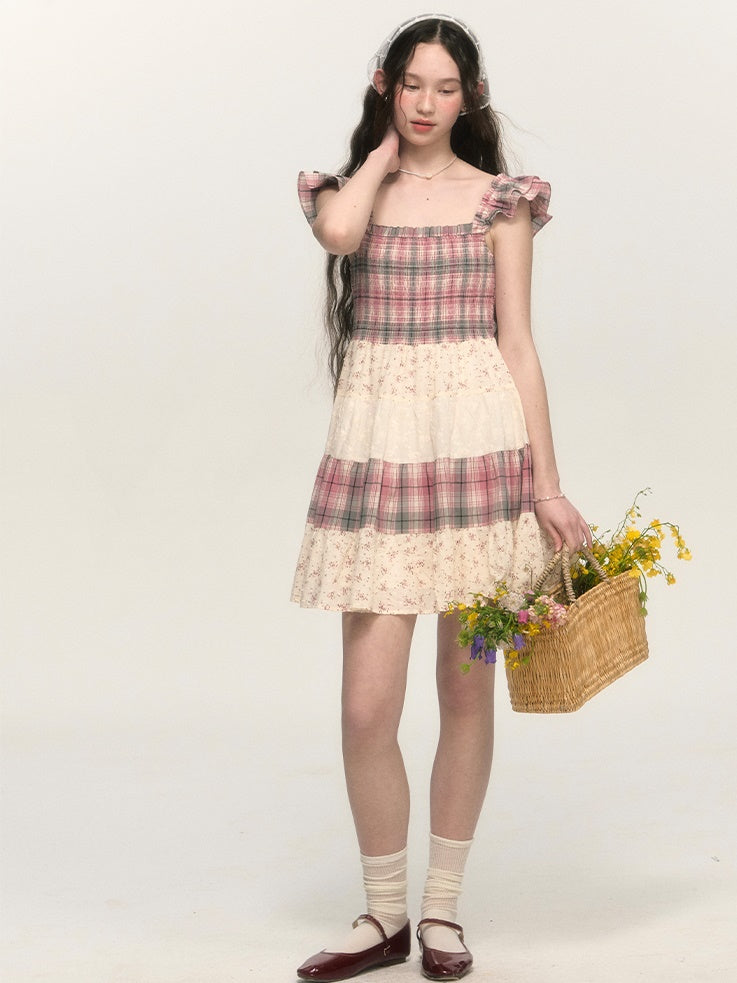 Retro Plaid Floral Lace Patchwork Small Flying Sleeves Dress