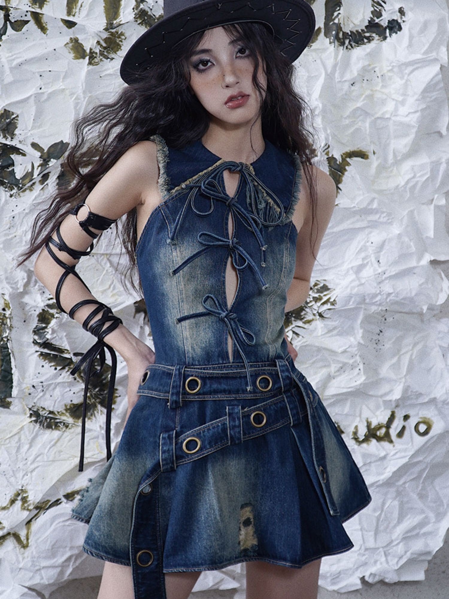 Clash Sleeveless Denim Short One-piece With Belt