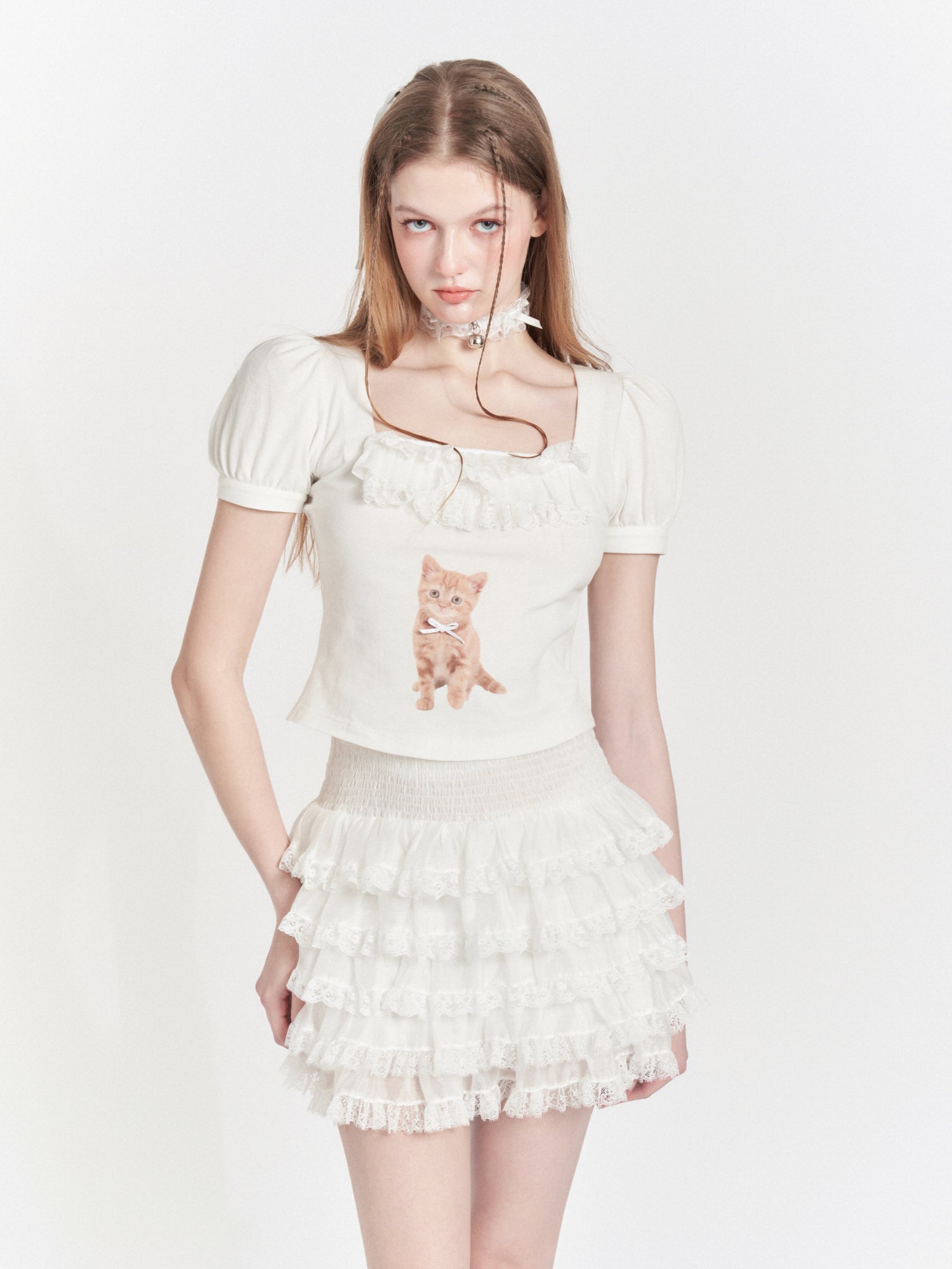 Kitten Print Lace Puff Sleeve T-Shirt