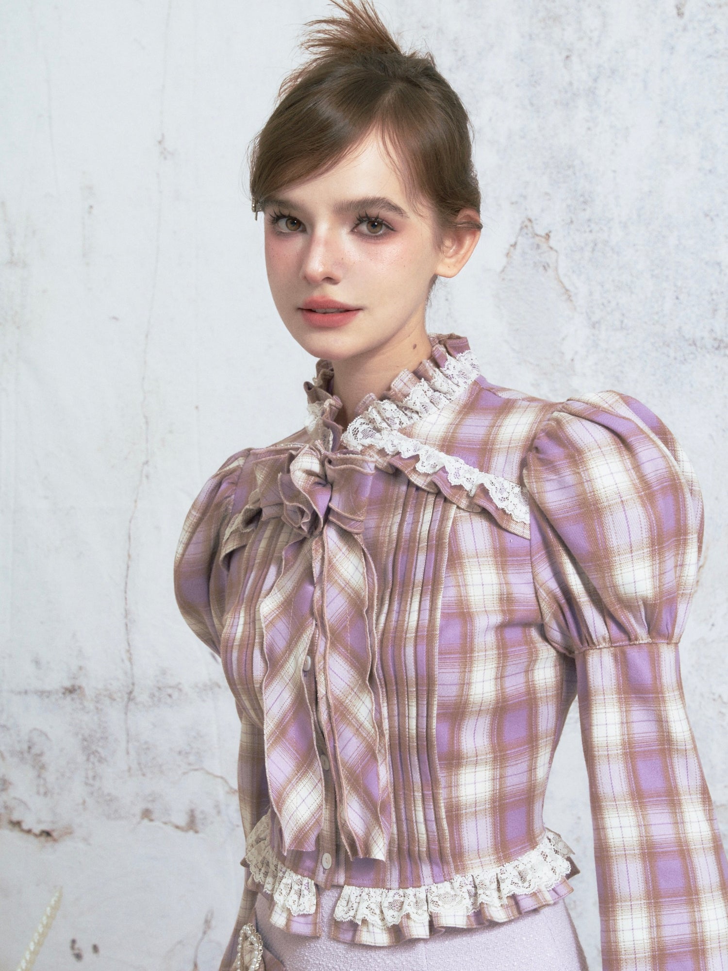 Plaid Bow Lace Puff Sleeve Shirt