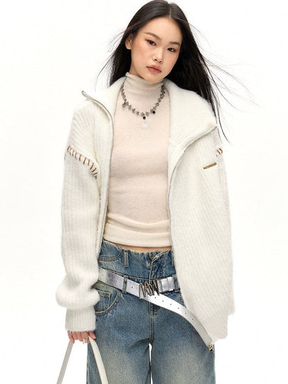 Double-ZIP High Neck Knitted Jacket