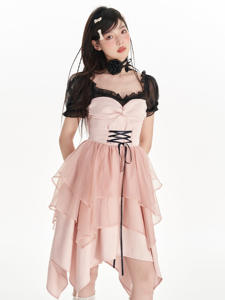 Contrast Color Bandage Mesh Princess Dress